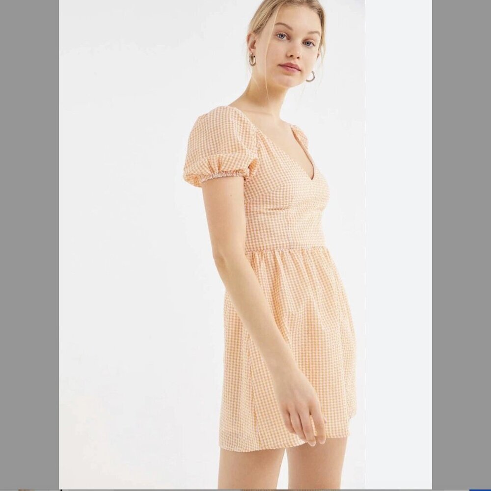 Urban Outfitters Pumpkin Orange Gingham Seersucker Baby Doll Sundress Medium